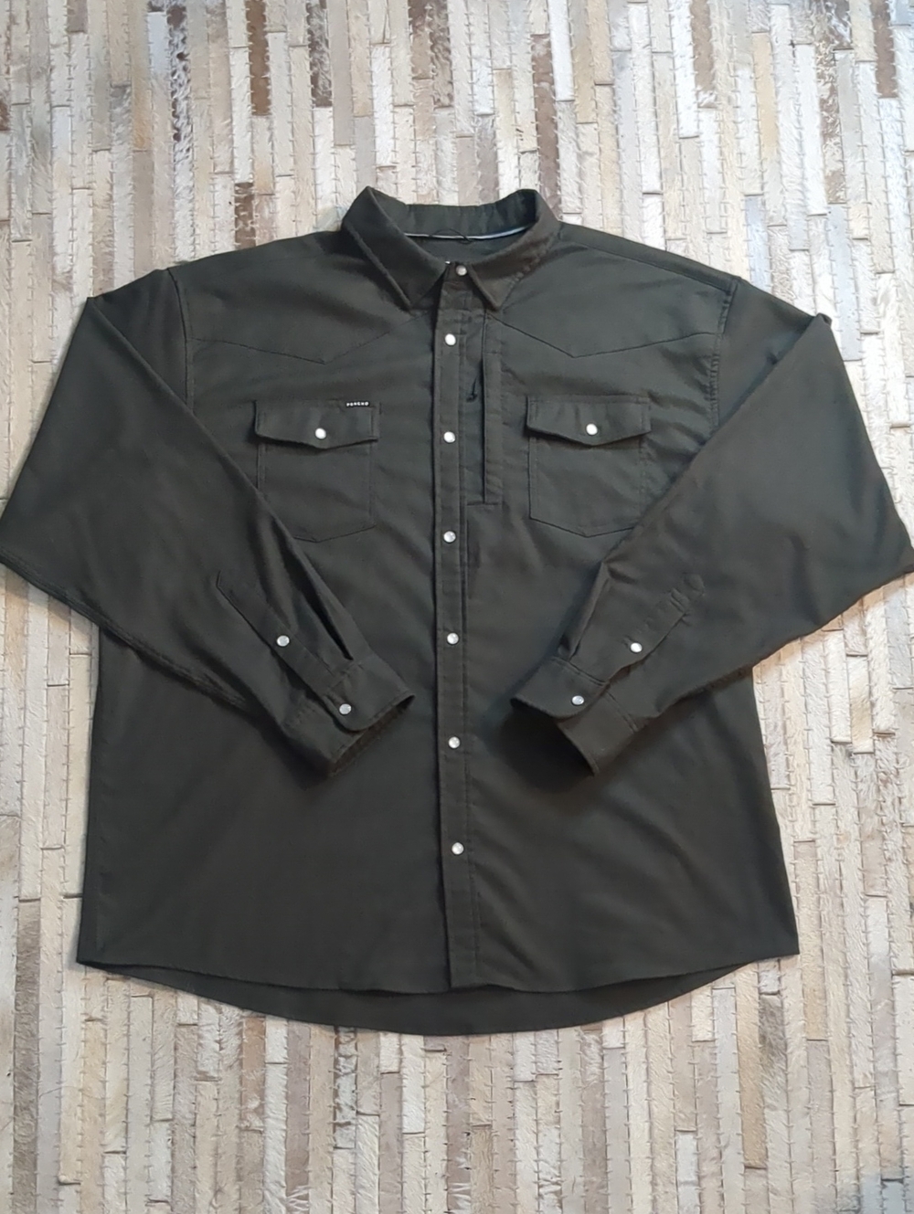 Poncho Men's 2XL Western Solid Button Up Olive Green Long Sleeve Pearl Shirt